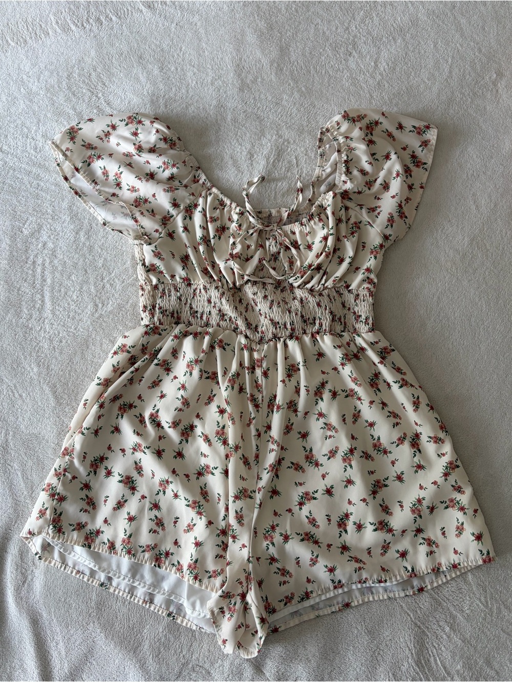 SHEIN Cream Floral Smocked Romper